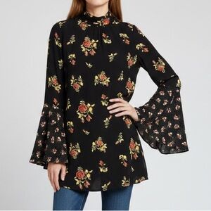 Free People Tate Bell Sleeve Mini Dress Top Black Floral Boho Mock Neck XS